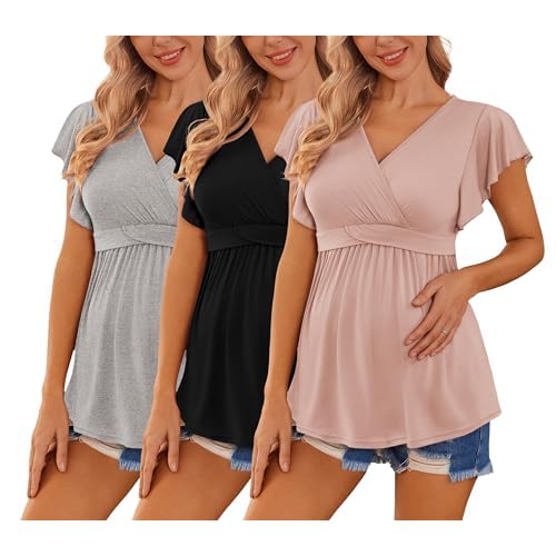 Ekouaer Maternity Shirts 3 Packs Flying Short Sleeve Nursing Tops Pregnancy Clothes