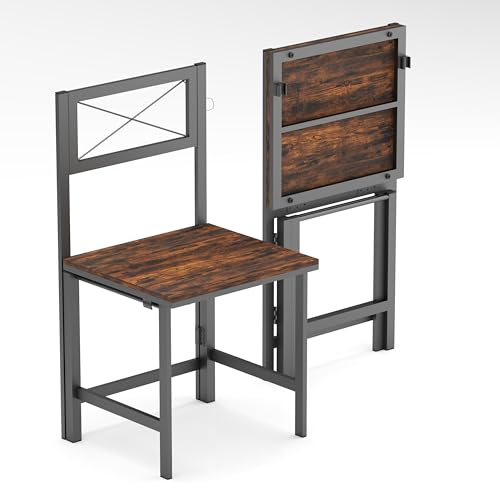 Set of 2 Folding Chairs with Rustic Wood Seat and Metal Frame, No Assembly Required, Space-Saving Dining Chairs for Kitchen, Apartment, Patio, Indoor Outdoor