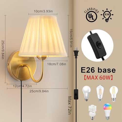 Image of Plug in Wall Sconces Set of Two, Fabric Shade Wall Light with On /Off Switch, Plug in Wall Mount Lamps Wall Decor Set of 2, Gold Sconces Wall Lighting Fixture for Bedroom Bedside Living Room Porch