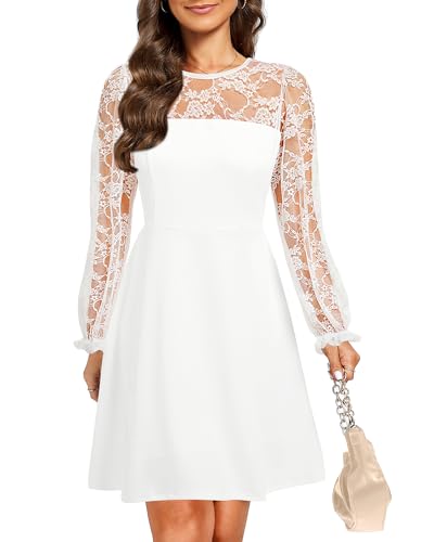 Holipick White Long Sleeve Dress Lace Bridal Shower Engagement Rehearsal Graduation Church A line Short Dresses Women