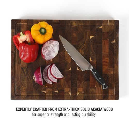 Image of Calphalon Edge Guard Cutting Board, 20 x 15-Inch End-Grain Acacia Wood Cutting Board, Extra-Large Wooden Chopping Block for Heavy-Duty Kitchen Use