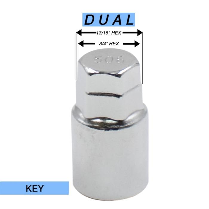 Image of Wheel Accessories Parts 4 Locks + Key M14 x 1.25 Thread Acorn Seat Lug Bolt Lock Chrome Finish 28mm Shank Length Dual Hex Key 17mm & 19mm Hex fits BMW 3, 4, 5, 7, 8 Series, M2, M4, M5, M8, X5, X6, X7
