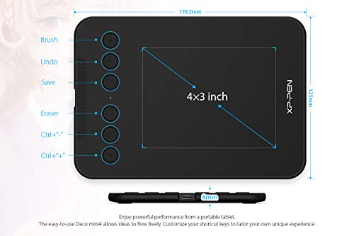 XP-PEN CR Deco Mini 4 Graphics Tablet 4 x 3 Inch Pen Tablet with 8192 Levels Pressure Sensitivity Battery-Free Stylus and 6 Customizable ...