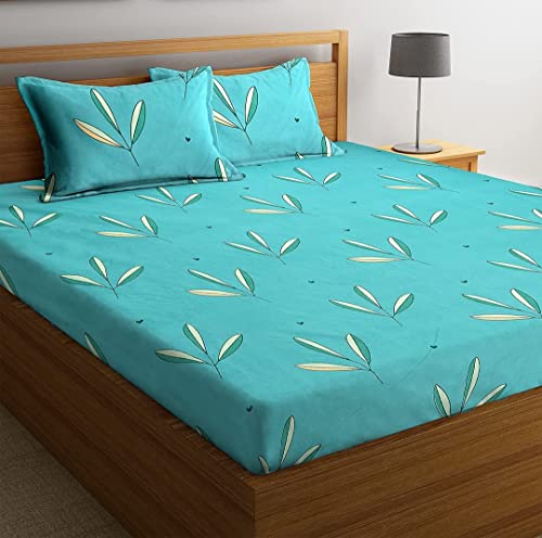 BSB HOME Premium Cotton Elastic Fitted Bedsheets with 2 King Size Pillow Covers | Double Bed with All Around Elastic 180 TC Supersoft |Sizex78+10 inches | Light Green