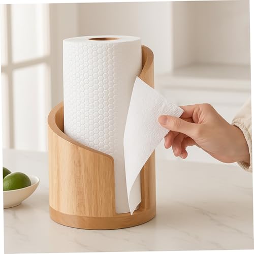 Portarrollos de papel para encimera, organizador de cocina y baño con base de madera redonda 3