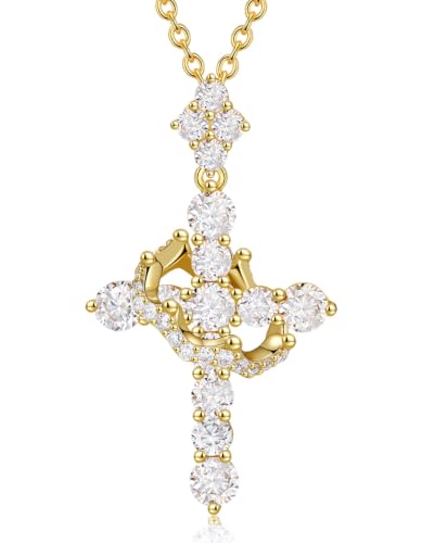 YIMERAIRE Upgraded Moissanite Crown Cross Necklace 14K Gold Vermeil Dainty Iced Out Christian Faith Cross Jewelry Pendant S925 Sterling Silver Simple Gold Moissanite Cross Necklace For Women