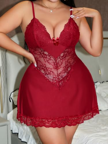 Image of Alrovetoney Women Plus Size Babydoll Lingerie Lace Chemise Mesh Sleepwear Strappy Sexy Nightgown Boudoir Outfit L-4XL