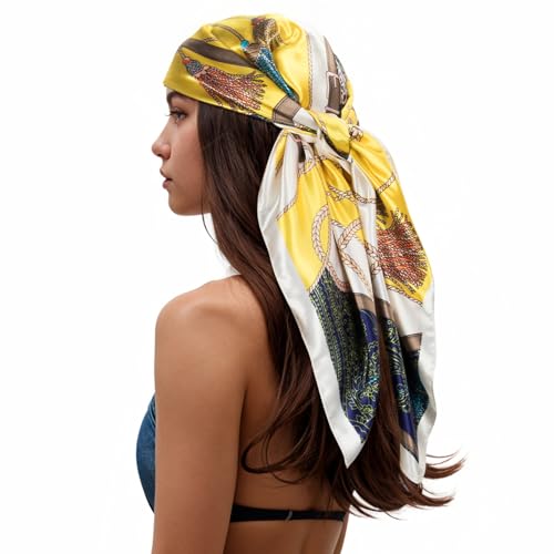 RIIQIICHY Head Scarf for Women Like Silk Scarf Hair Scarf Printed Square Scarf Bandanas for Women 35 Inches Yellow/Dark Grey