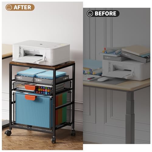 Marbrasse Soporte para Impresora con Almacenamiento,Carrito Grande con Ruedas,Mueble Organizador para Archivador con Cajones,Carrito para Impresora 3D,Teléfono Móvil,Oficina en Casa(Marrón Rústico) - imagen 6