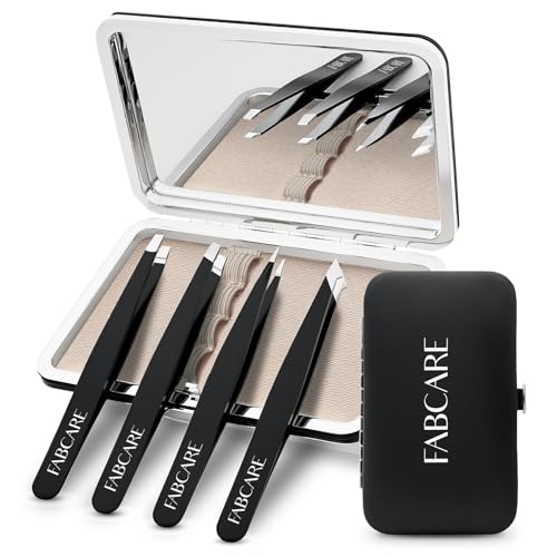 FABCARE Pinzas Depilar Profesionales con Espejo y Estuche, Pinzas Cejas de Precisión para Depilación Facial, Pinzas de Depilar de Acero Inoxidable, Antideslizantes y Ergonómicas