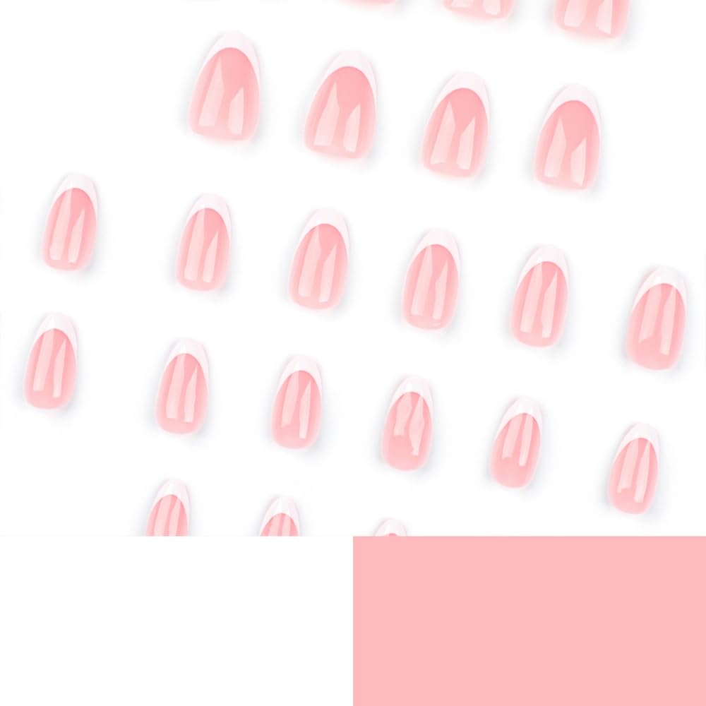 JUSTOTRY 24 Pcs Almond Short False Nails Pattern,White and Pink Press on Nails,Glossy Fake Nails Medium for Nail Art,French Oval Stick on Nail for Women Gifts - Image 3
