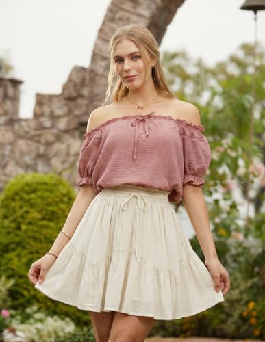 Peasant Blouse for Women Off Shoulder Puff Sleeve Cotton Loose Summer Tops Dusty Pink XL — view 4