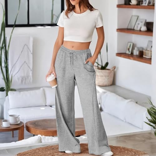 Womens Sweatpants Drawstring High Waisted Wide Leg Sweatpants Casual Elastic Baggy Pants Athletic Joggers with Pockets3