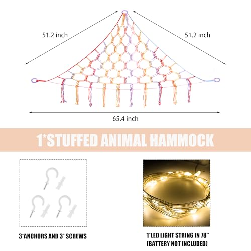 Image of CERETIA Stuffed Animal Hammock with LED Light, Large Stuffed Animals Storage Corner Plushie Net for Kids Room Decor, Rainbow