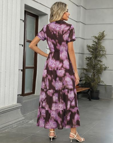 Image of Kranda Women 2026 Summer Collared V Neck Short Sleeve Button Down Chiffon Long Tiered Floral Maxi Dress with Pockets