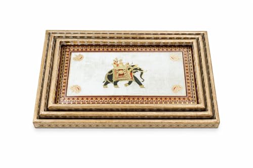 Image of Wooden Enamel Coated Serving Tray Set of 3 for Home Decor Multipurpose Rectangular Trays for Kitchen Living Room and Coffee Table with Printed Design (C-3)