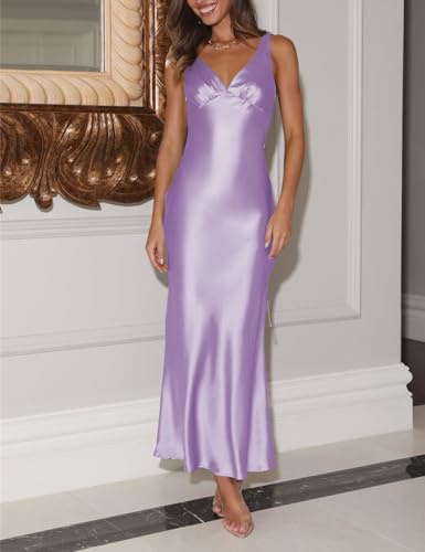 Image of VUBIYA Women's Summer Satin V Neck Backless Maxi Dress Wedding Guest | Open Back Tie-Back, Low Back Sleeveless, Formal Bridesmaid, Elegant Cocktail, Vacation Beach, Date Night and Party