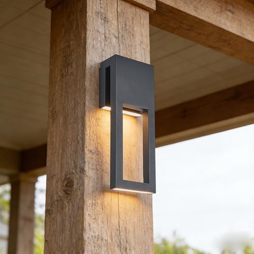 Image of Modern Outdoor Wall Light, 3000K Warm White, IP65 Waterproof, 20W Integrated LED Sconce, Textured Black Finish with Frosted Glass, cETLus Listed & Dimmable,for Porch,Garage,Patio,Garden