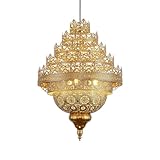 COOBATG Turkish Lamp Vintage Chandelier Moroccan Lamp Etching Pendant Light, Crown Gold Iron Hollow Arabic Ceiling Hanging Light Pendant Lighting for Kitchen Island Restaurant Hallway Foyer