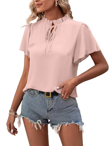 Image of LYANER Women's Elegant Frill Mock Neck Ruffle Short Sleeve Blouse Work Shirt Top
