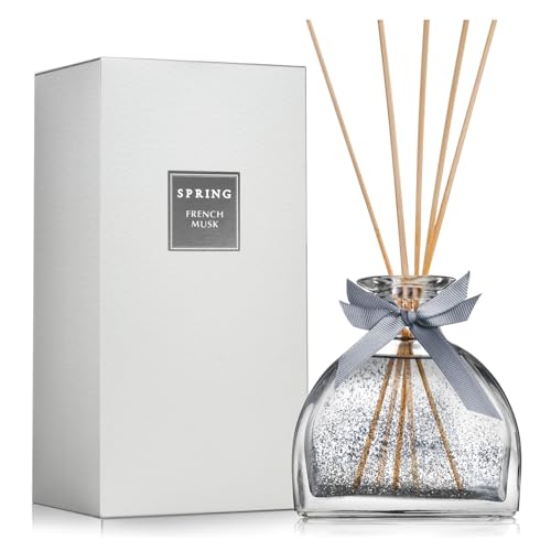 SPRING Reed Diffuser with Silver Flakes 280ml - French-Made Perfume Diffuser with 5 Reed Sticks, Home Aromatherapy with Elegant Glass Bottle - Luxury Gift, Long-Lasting French Musk Scent