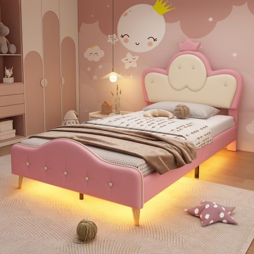 Letto per bambini 90 x 200, letto principessa ragazza singolo imbottito con LED, testiera imbottita a forma di corona,...
