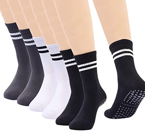 TARPPUHI 6 Pairs Women Long Pilates Socks with Grip Yoga Non Slip Socks with Stripe Grippy Hospital Socks for Yoga,Pilates,Barre,Sports(Black*2,White*2,Grey*2)