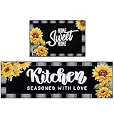 Nesphy Sunflower Kitchen Rugs and Mats Non Skid Washable Set of 2, Black Background Floor Mats, Farmhouse Buffalo Plaid Runner Rug, Vintage Floral Kitchen Decor