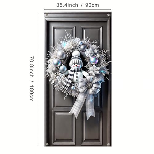 BlissYard Silver Snowman Christmas Door Cover Banner 35x71 Inch Winter Wreath Wall Hanging with Plaid Scarf Glitter Ornaments and Bow for Front Porch Indoor Outdoor Holiday Decoration Party Backdrop by BlissYard - Used condition - Image 3
