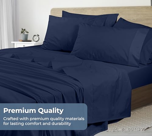 Image of ROYALE LINENS 100% Organic Cotton King Sheet Set - Percale Weave - 4 Pieces Set - 1 Flat, 1 Deep Pocket Fitted Sheet and 2 Pillowcases - Navy Bed Sheets - Sabanas King - Crisp Cool (Navy)
