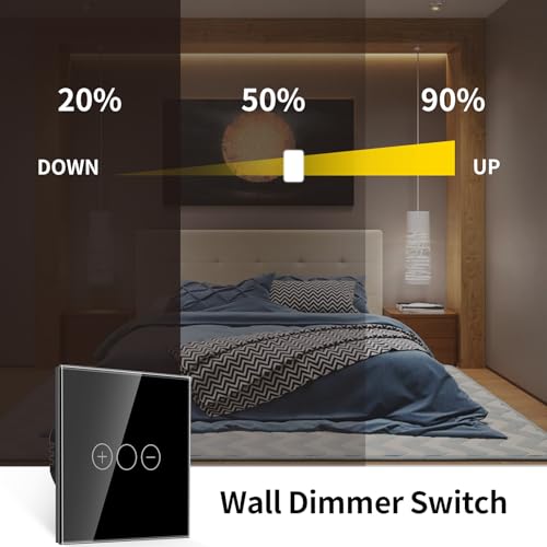 JIMEIDA Dimmerschalter für LED-Licht,Touch Lichtschalter Schwarz Gehärtete Glasscheibe mit LED-Hintergrundbeleuchtung,Kein Neutralleiter Erforderlich 86MM