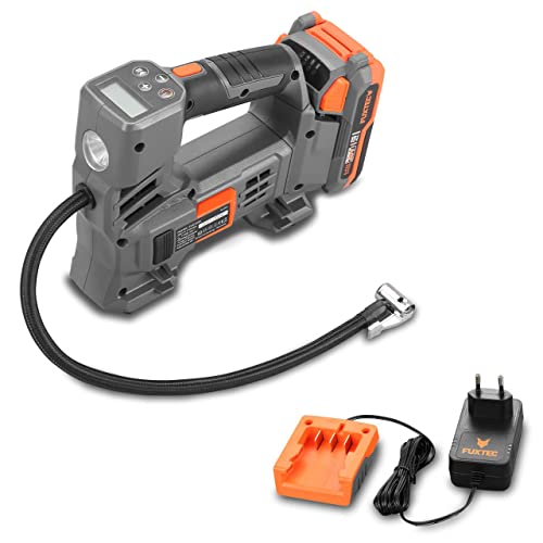 Compressore d’aria a batteria FUXTEC 20V FX-E1CI20- compressore portatile 10,3 bar (150 PSI) - con adattatore per valvola per pneumatici, materassi e palloni SET con batteria e caricabatterie