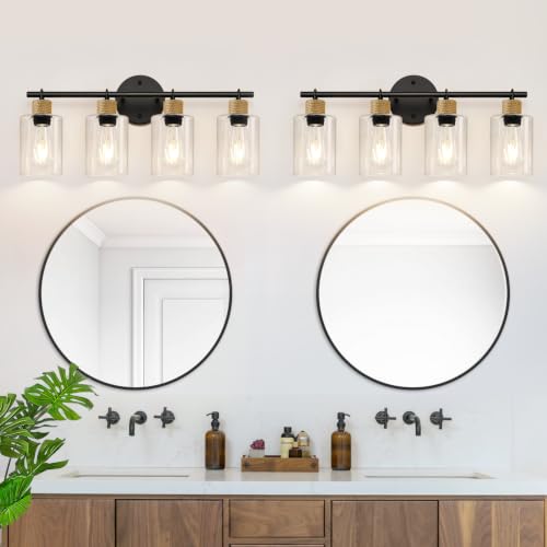 Image of MOKATNG Bathroom Light Fixtures, 4-Light Farmhouse Vanity Lights with Hemp Rope, Black Bathroom Wall Lamp for Mirror Kitchen Hallway Cabinet