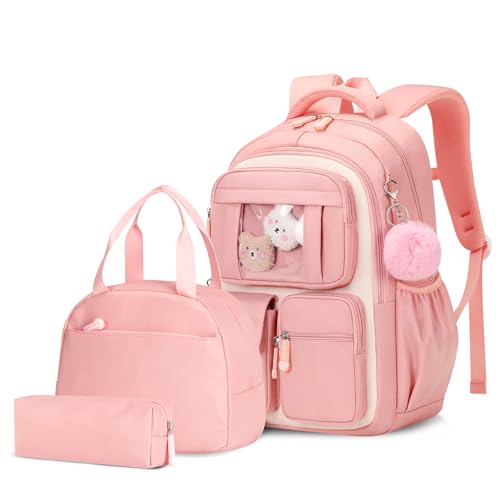 Amythe Schultasche Mädchen Rucksack Kinder, 3-teilig Schulrucksack aus Nylon mit Lunchpaket Mäppchen, Lässiger Schulranzen Atmungsaktiv für Schule Reisen, 1.-5. Klasse, Rosa