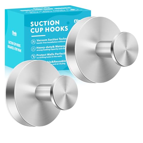 Fliverly 2pcs Suction Cup Hooks for Shower,Inside Shower,Wall,Bathroom,Bedroom,Kitchen,Door,Glass Window, Mirror, Tile, No Drilling Hanging for Towels,Robes,Loofah,hat,Clothing,Wreath (Pro-Sliver)