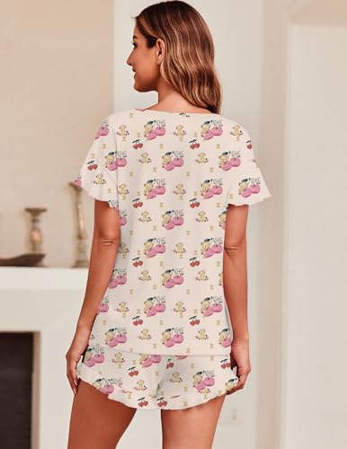 Image of Ekouaer Women's Pajama Set Ruffle Sleeves Top and Short | 2 Piece Ruffle Hem Sleeves Top and Shorts Pjs Set, Soft Short Sleepwear Set, Elastic Waistband Design