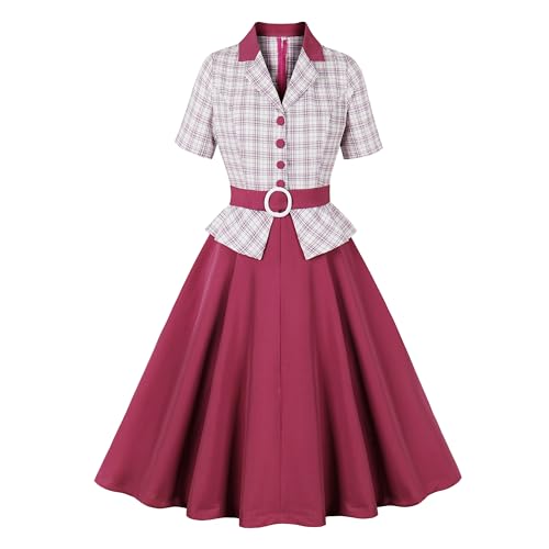 Wellwits Women's Plaid Blazer Top Peplum Belt Work Formal Vintage Dress