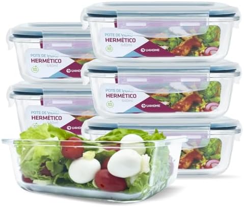Conjunto 6 Potes Vidro Hermético Marmita Mantimentos 640ml (Azul)