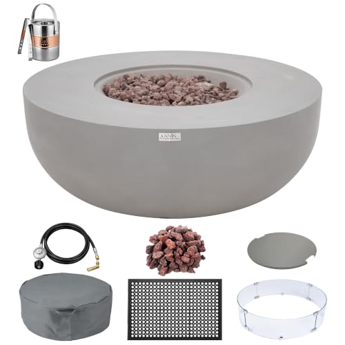Image of AMS Creations | Eclipse 44 inch Bundle Round Cast Concrete Natural Gas Fire Pit Bowl Table | Light Gray | Smooth Texture Surface | Electronic Ignition | Outdoor Patio Heater Outside Backyard Fireplace