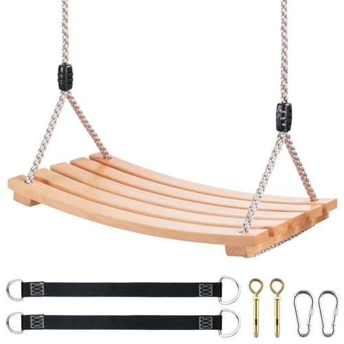 Wooden Tree Swing,Wooden Swing for Adults/Kids with 500lbs Load Capacity,Adjustable Hemp Rope Plus Tree Straps 100 inch, Hanging Wooden Swing for Indoor, Outdoor, Garden,Yard,Backyard (Curved Wooden)
