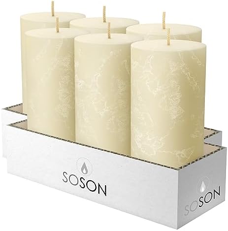 Simply Soson Rustic Egg Shell Ivory Unscented Pillar Candles Set of 6 | 3"x6" Pillars | Large Candle for Candle Holders | 60 Hours Burning Time | Outdoor Use | Bulk Candle Pack
