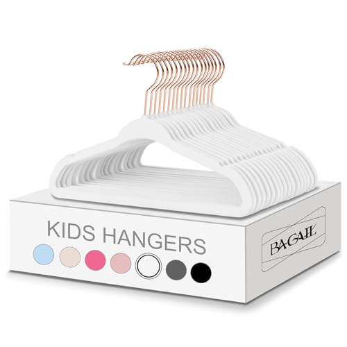 Image of BAGAIL 50 Pack Kids Velvet Hangers 14 Inches Children's Clothes Hangers Non-Slip Baby Hangers for Infant/Toddler (White/Rose Gold)