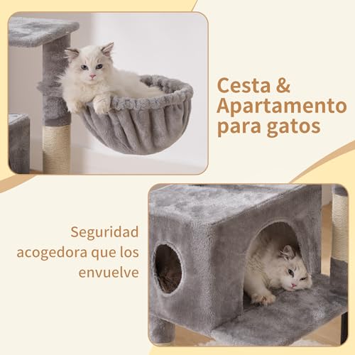 Miniatura 4 de Heybly Rascador Para Gatos, Árbol Para Gatos De 125 Cm, Torre De Gato Espaciosa Y Cómoda Con Guarida, Dos Grandes Plataformas, Cesta, Robustos Tubos De Acero, Gris Claro Hct200sw-