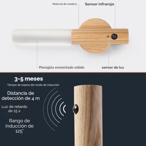 Luz nocturna interior con sensor de movimiento y apliques de pared de madera recargables 4