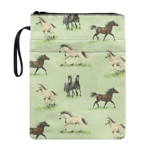 NETILGEN Horse Green Book Sleeve Cover with Zipper Reusable Book Protector Paperback Book Cover Washable Fabric Book Pouch Cover with Pocket