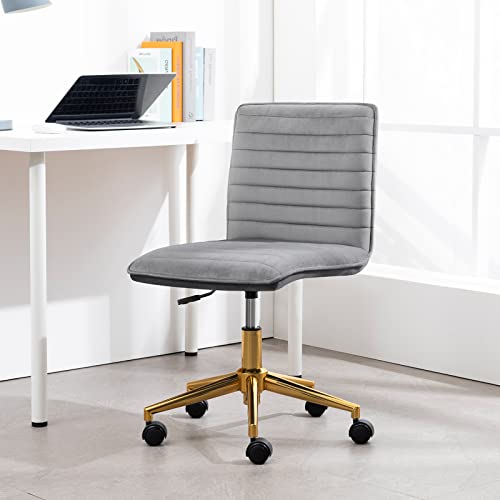 Furniliving Velvet Home Office Chair, Armless Vanity Desk Task Chair With Wheels 360° Swivel Computer Rolling Desk Chair With Back, Adjustable Accent Chair With Gold Metal Base Stool Chair (Gray) #TOP5