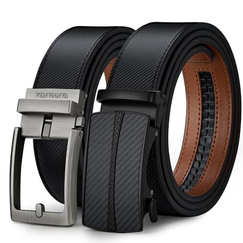VANNANBA 2 Pack Ratchet Leather Belt for Men - Sliding Belt in Gift Set Box for Mens Dress Casual 1 3/8" - Trim to Fit with Automatic Buckle Alloy(8+14,45"-48" Waist Adjustable)