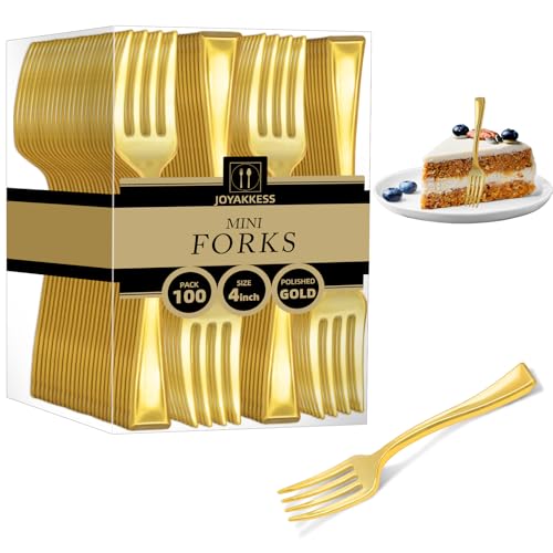 100 PCS Gold Mini Forks Heavy Duty 4 inch Gold Plastic Fork Mini Forks for Appetizers Dessert Fork Disposable BPA Free Food Safe Suitable for All Occasions