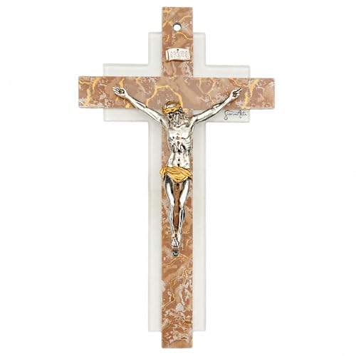 Lunexus Krzyż ścienny szklany krzyż z korpusem Jezusa biały marmur brązowy 26 cm - prezent na chrzest, prezent na komunię, prezent dla chrześniaka, ręcznie wykonany, certyfikat błogosławieństwa