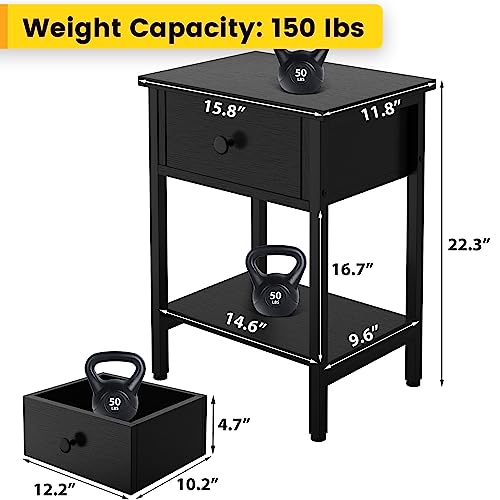 Nightstands-Set-of-2-with-Drawers-Bedside-Table-Set-of-2-with-Storage-Shelf-Heavy-Duty-End-Side-Table-for-Living-Room-Bedroom-Small-Space-Sofa-Couch-Wood-Metal-Night-Stand-Easy-to-Assemble-Black